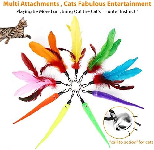Qpets® Cat Toys Set of 11 Cat Teaser Wand Toy with 2 Retractable Teaser Wand, 5 Feather Teaser Toy, 4 Worm Teaser Cat Toy Interactive Cat Toy Wand Kitten Toys for Indoor Cats to Play Chase Exercise