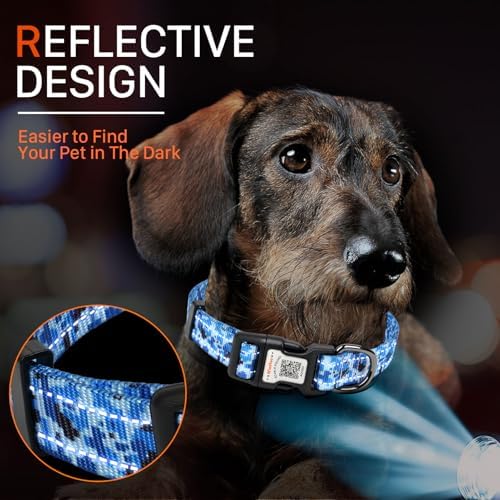 Personalized Dog Collar with QR Code Dog Tag, Camo Blue L