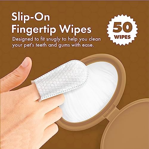 Petkin Fingertip Tooth Wipes for Dogs and Cats, 50 Finger Wipes - Slip-On, Snug Fit, Micro-Bristle Fabric - Cleans Teeth, Gums, Plaque & Tartar - Convenient, Ideal for Home and Travel - Peanut Butter