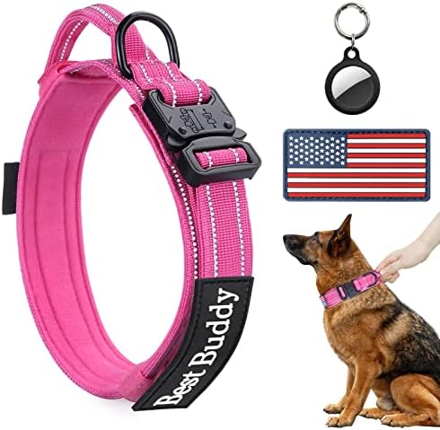 AUBELL Reflective Tactical Heavy Duty Dog Collar with Handle,Pink XL