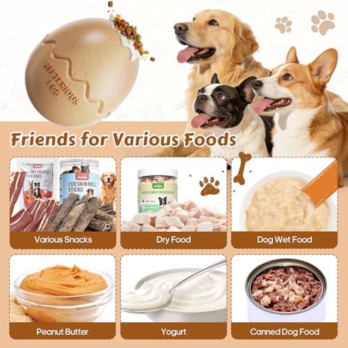 Dog Fillable Toy 3 in 1 Interactive Dog Toys Freeze Lick Summer Cooling Toy Enrichment Treat Dispensing Chew Toy Stuffable Puzzle Slow Feeder for Medium Small Dogs Easy to Clean (Egg-Beige)