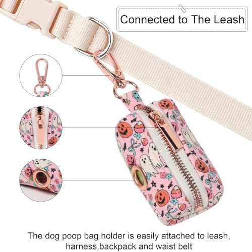 ARING PET Halloween Dog Poop Bag Holder, Cotton Puppy Pink Pumpkin Ghost Waste Bag Dispenser Attach to Any Leashes, Portable Washable Pet Waste Pouch Holder with Two Rolls of Bags
