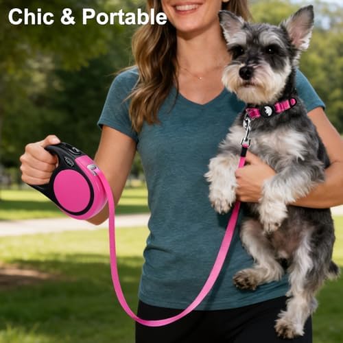 Taglory Retractable Dog Leash, One-Handed Brake, 16ft, Up to 44 lbs, Pink
