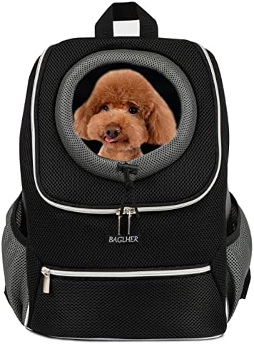 BAGLHER Dog Carrier Backpack for Small Dogs - Front Breathable Pet Backpack with Safety Buckle, Adjustable Hands-Free Design for Hiking, Cycling, Camping & Outdoor Use - Black, Size Large 10-14 lbs