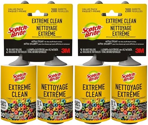 Scotch-Brite Extreme Clean Lint Roller, 50% Stickier, Heavy Duty Pet Hair and Debris Remover, 4 in x 54.9 ft Each, 4 Pack, 400 Easy Tear Sheets Total