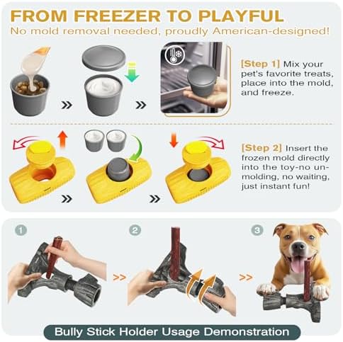 Ansoniser 2-in-1 Durable Dog Toy Bundle，Bully Stick Holder & Frozen Treat Slow Feeder for Aggressive Chewers, Food-Safe Interactive Toys to Relieve Boredom, Best Gift for Small to Large Dogs