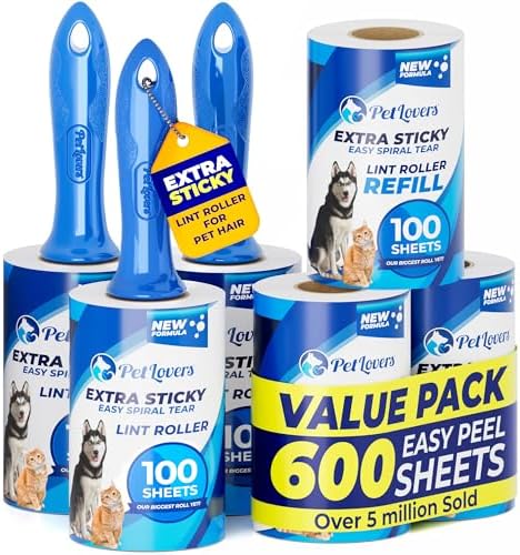 PetLovers Extra Sticky Lint Roller Mega Value Set 600 Sheets for Pet Hair Removal, Dog and Cat Lint Remover 6 Pack