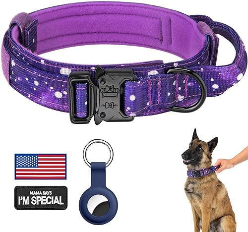 DAGANXI Tactical Dog Collar, Adjustable Military Training Nylon Dog Collar with Control Handle and Heavy Metal Buckle for Medium and Large Dogs, with Patches and Airtags Case (S, Purple Sky)