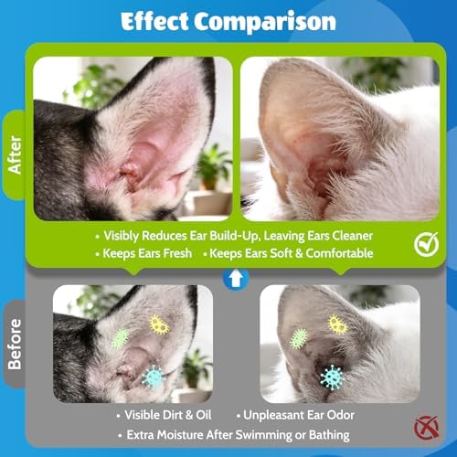 Dog Ear Cleaner with 50 Dry Finger Wipes – Plant-Based Gentle Ear Solution for Dogs & Cats, Helps Remove Wax & Odor, Comfortable Cleaning for Sensitive Ears, 4.06 fl oz