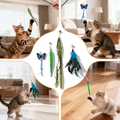 Cat Toys Interactive Feather Teaser Wand Set, Retractable Cat Fishing Pole Toy with Assorted Replaceable Attachments & Bells, Fun Hunting Exercise Toys (11 Pack)