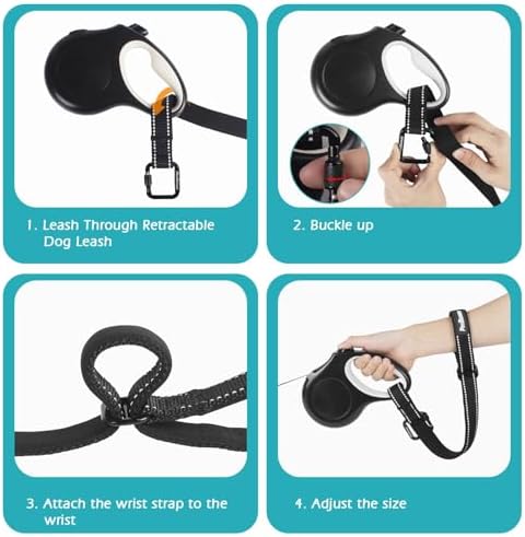PetBonus Dog Leash Wrist Strap, Safety Strap for Retractable Leash, Lockable Reflective Short Dog Lead with Adjustable Soft Padded Handle for Walking, Extra Layer Security for Pet Stroller (Black)