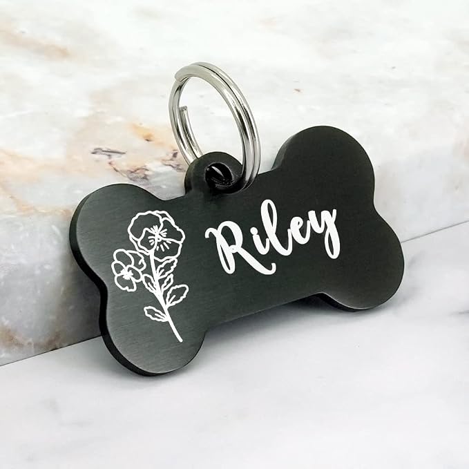 Ultra Joys Personalized Dog Tags for Pets - Durable Stainless Steel Customizable Dog Cat ID Tags - Dog Tags for Safety Optional Engraved on Both Sides -Birth Flower Dog Tag Small, Black