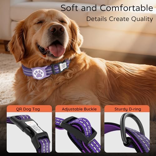 Waterproof AirTag Dog Collar with QR Code Dog Tag, Purple M