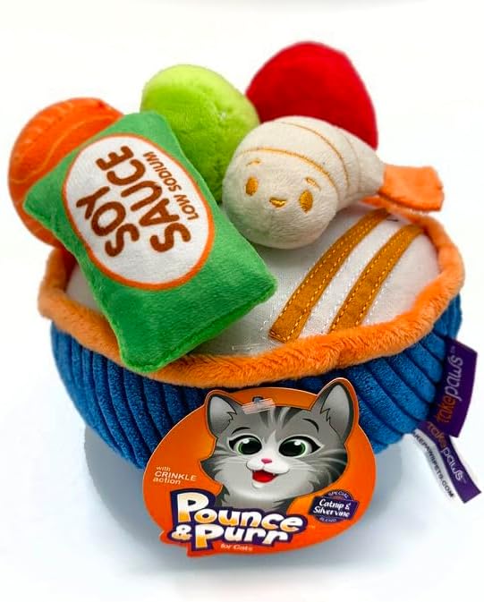 Pounce & Purr Sushi Cat Toys with Catnip & Silvervine 6-Piece Plush Set for Indoor Cats & Kittens, Kitten Chew Toy, Kicker & Boredom Relief - Poké Bowl Playset