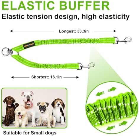 MingXpet 2 Dog Leash, Dog Leash for 2 Dogs, 360° Swivel No Tangle Double Walking Training Leashes for Large Dogs that Pull, Comfortable Shock Absorbing Reflective Bungee, Green