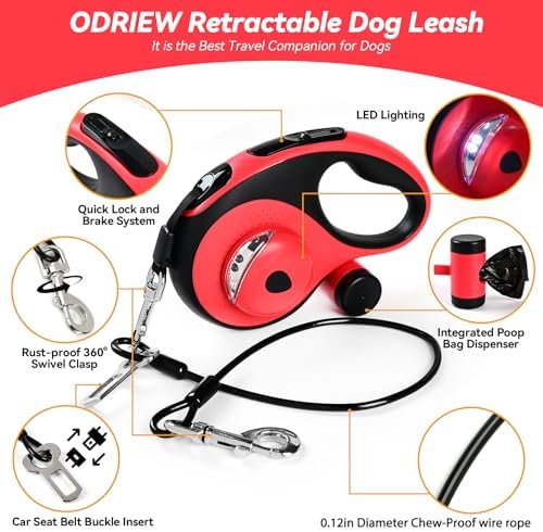 26ft Retractable Dog Leash for Large Dogs Up to 110lbs, with LED Light