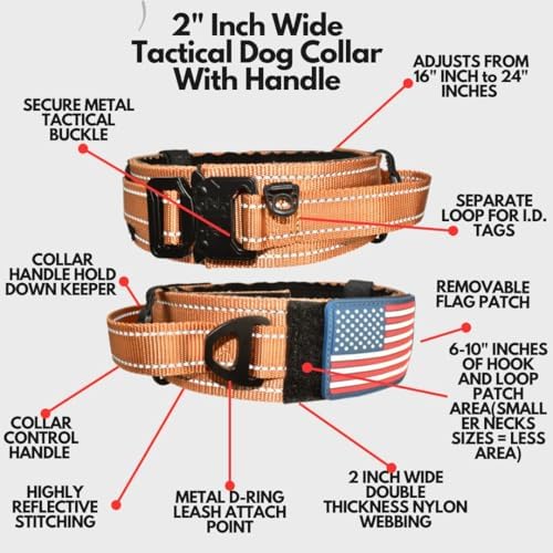 2-Inch Wide Tactical Dog Collar with Control Handle, Adjustable for Medium & Large Dogs, Military Style with Heavy-Duty Metal Buckle, USA Flag Patch & Customizable Name Plate, Training & Everyday Use