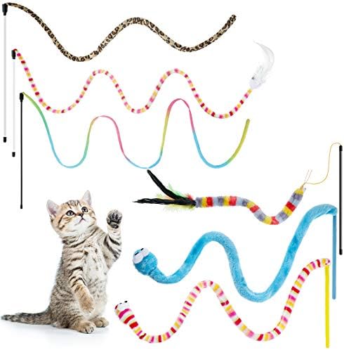 Sumind 6 Pcs Cat Toys Snake Cat Teaser Wand Toy with Feather and Bell