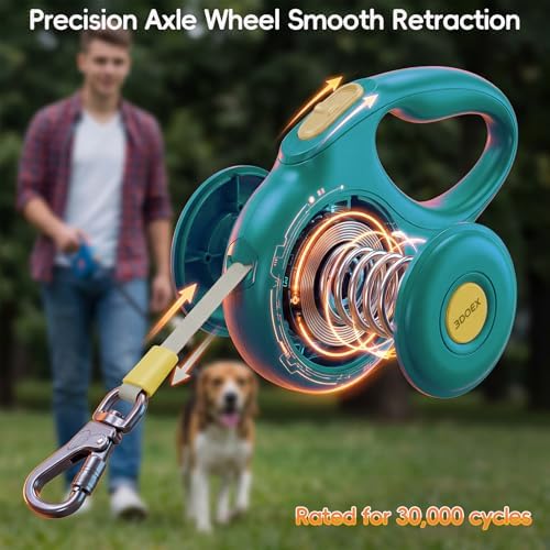 Retractable Dog Leash 10FT for Small & Medium Dogs, Sturdy Heavy-Duty Nylon Tape with Secure Locking Carabiner & Poop Bag Holder, Smooth One-Hand Control, Anti-Slip Handle, Tangle-Free Design (Green)