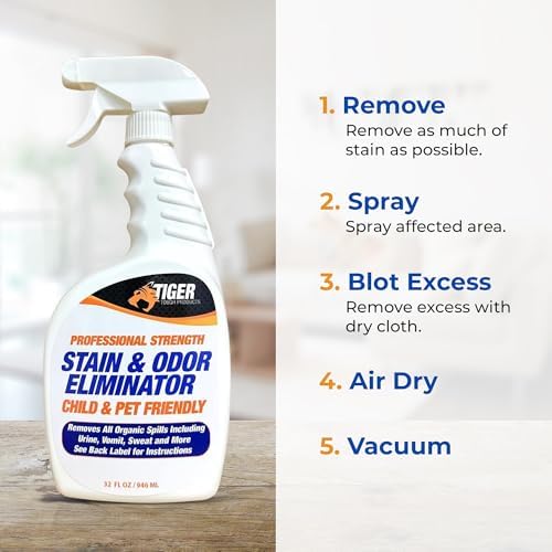 Tiger Tough Products Pet Stain and Odor Remover - Enzyme Cleaner for Home & Professional Use, Stain Dissolver for Carpet, Upholstery, & More - Dog & Cat Urine, Feces, Vomit Eliminator, 32 Ounce Spray