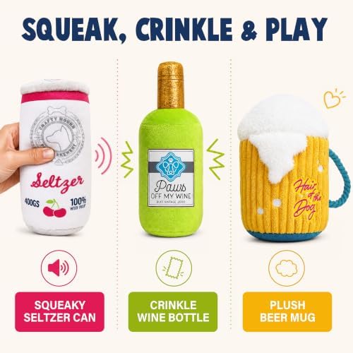 PrimePets 3 Pack Plush Squeaky Dog Toys, Drink-Themed Dog Toy Set