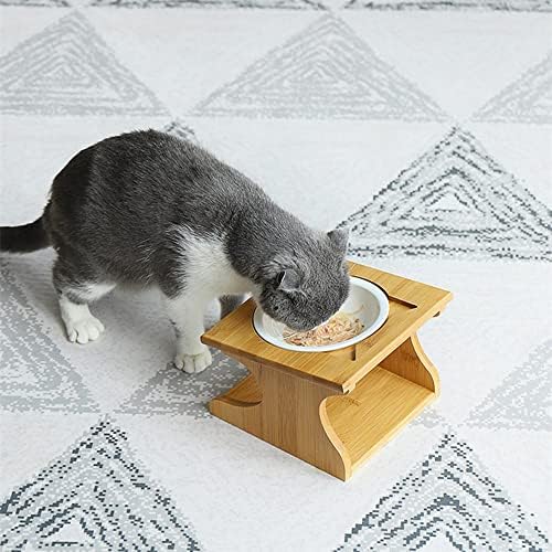Cat Bowls Pet Dining Table with Raised Slope Wooden Stand Elevated Pet Bowls with Oblique Stand for More Comfortable Eating for Cats, Dogs, Kitten and Puppy (Single Bowl, Ceramics)
