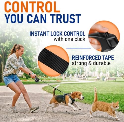 20.1 ft Retractable Dog Leash for Dogs 10–100 lbs - Heavy Duty Tape Leash with Strong Nylon Tape - 360° Swivel Control - One-Click Brake & Lock - Ergonomic Non-Slip Grip for Safe & Easy Daily Walks BK