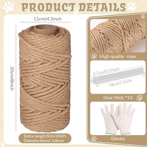 Natural Sisal Cat Rope for Posts, 1/4in ×164ft, Original Color