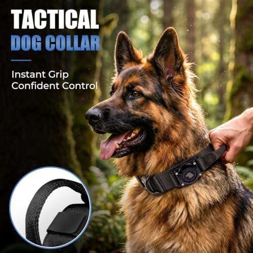Tactical AirTag Dog Collar with Holder for Medium Large Dogs, Black, L