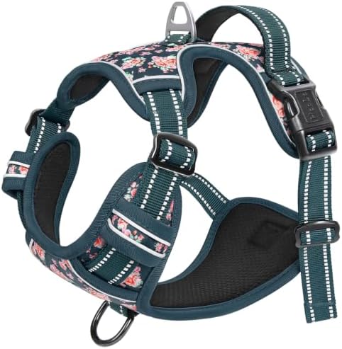 HEELE Dog Harness, Reflective, No Pull No Choke, Flower Blackish Green, L