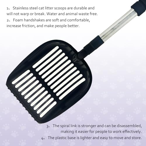 PINVNBY Cat Litter Scooper, Long Handle Litter Sifter Scoop with Litter Scoop Holder Stainless Steel Kitten Scooper Deep Kitty Litter Scooper with Box Metal Detachable Sifting Litter Shovel Set