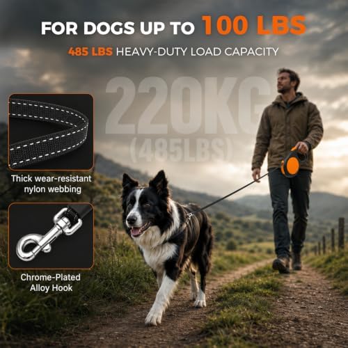 Sevy Stretch 26FT Retractable Dog Leash for Large Dogs up to 100lbs, Heavy Duty Long Dog Retractable Leash with 360° Tangle-Free, Reflective Nylon Tape, One-Hand Brake, Pause, Lock, Oversized Handle