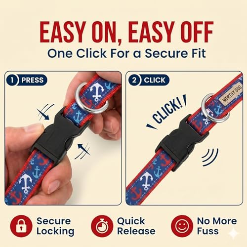 THE WORTHY DOG Summer Print, Adjustable Dog Collar,Medium Dogs, Anchors