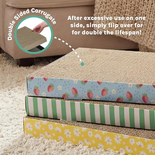 Kitty City 3-Pack XL Double Sided Corrugate Cat Scratcher Pads with Catnip - X-Large Horizontal Cat Scratcher Mats, Reversible Corrugate Nail File Scratchers - Spring Design, 18” x 10” Each