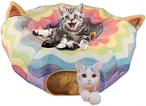 HOMEYA Cat Tunnel Bed with Mat,Collapsible 3 Way Cat Play Tube Condo Toy with Peek Hole Fun Ball Indoor Outdoor Soft Hideout Exercising Playground for Pet Dog Kittens Kitty