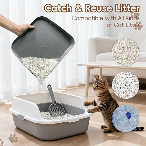 Elevated Litter Box Ramp/Steps for Kittens & Old Cats,Washable Litter Catcher Stairs for Automatic Cat Litter Box,Anti-Tracking Cat Litter Mat Pedal with Filter,Easy to Clean (Dark Grey)