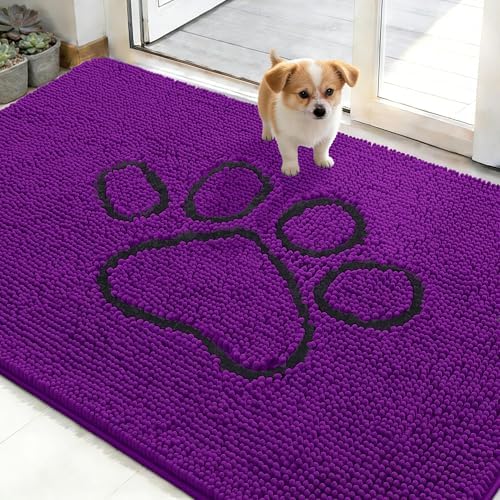 OLANLY Dog Door Mat for Muddy Paws 48x30, Paw Print Design Chenille Mud Mat