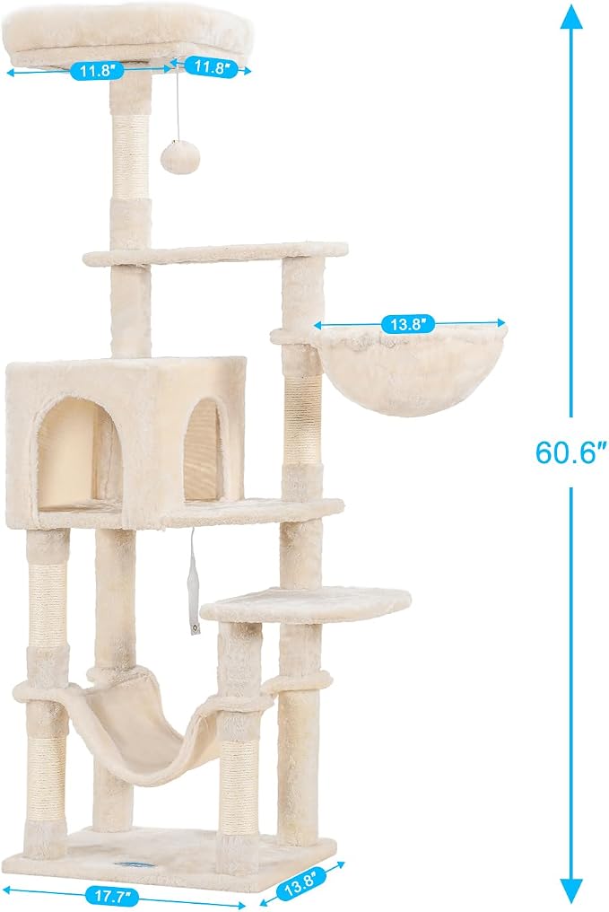 Hey-brother Cat Tree, Multi-Level Sisal Covered Scratching Posts, MPJ050M | 60.6 Inches Tower with Condo, Large Hammock, Top Perch, Toy Ball for Indoor Multi-Cats Households, Beige