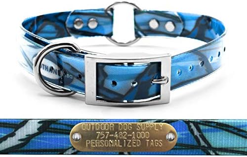 Heavy Duty D & Center Ring Dog Collar w Custom Name Tag, Blue Camo 21"