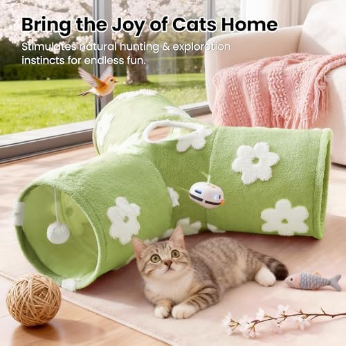 Tempcore Cat Tunnel, 3-Way Collapsible Toy for Indoor Cats, Daisy Green