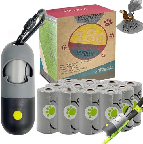 Dog Poop Waste Bags Holder with LED Flashlight|Cute Doggie Poo Bags Dispenser for Pet Leash|Trash Waste Bags Carrier with Potty Clip Fastener LR44 Button Cells Included (Grey, 1 Holder 195 Bags)