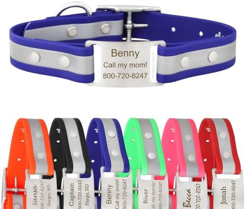 dogIDs Personalized Reflective Waterproof ScruffTag Dog Collar - Custom, Soft Grip, Safe Adjustable, Odor Resistant - Blue, 1 in x 18 in (Fits Neck Sizes: 16-20 in)