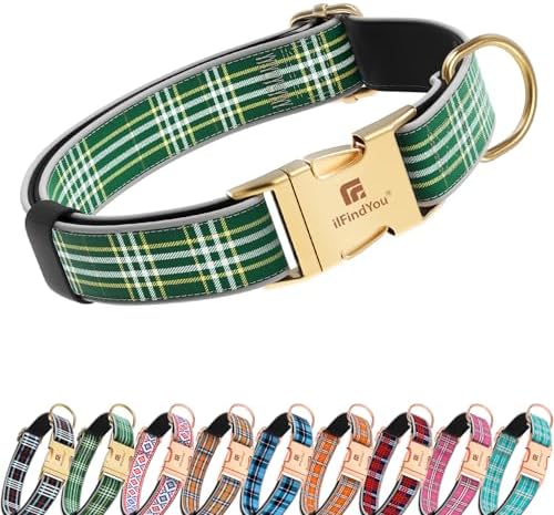 Reflective Plaid Dog Collar for Large Dogs, Green-L