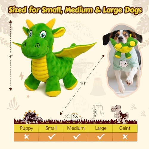 2 Pack Squeaky Dog Toy - Plush Dragon with 5 Squeakers and Crinkle Wings