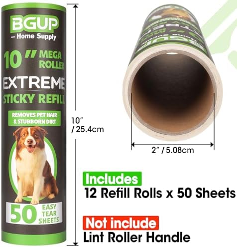 10 Inch Lint Roller Refills, 12 Rolls 600 Sheets Large Lint Rollers for Pet Hair Extra Sticky, Easily Remove Carpets, Clothes, Couch and Curtains Dust (Not Include Lint Roller Handle)