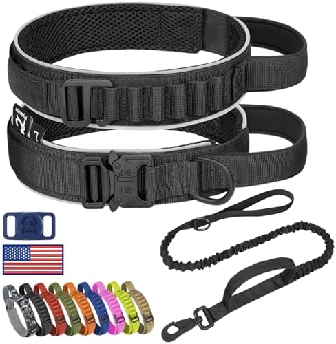 HYDEME Tactical Dog Collar and Leash Set, Alpine Loop Adjustable Reflective Military Training Nylon Dog Collars with Handle Shock Retractable Dog Leash for Small Medium Large Dogs.(M,Black-Set)
