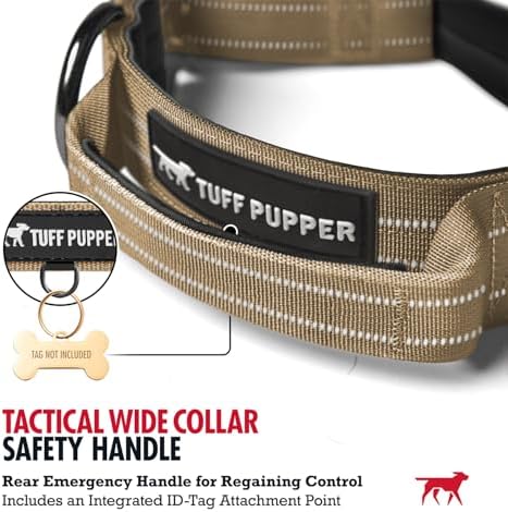 Tuff Pupper Tactical Dog Collar | Heavy Duty 1.5" Wide Ballistic Nylon | Training Control Handle | Quick-Release Metal Buckle | Reflective Bands | ID Tag Holder | Padded Inner Lining (Tan, Large)