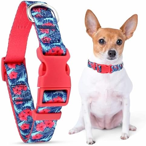 Parisian Pet Floral Dog Collar - Adjustable Hibiscus Pink Pet Collar with Secure Buckle and Metal D-Ring - Comfortable Designer Puppy Collars - Durable Tropical Nylon Dog Collars for Small Dogs
