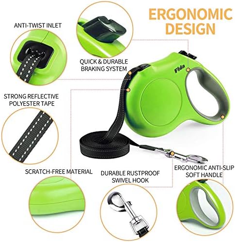 Fida Retractable Dog Leash with Dispenser and Poop Bags, 10 ft, Green