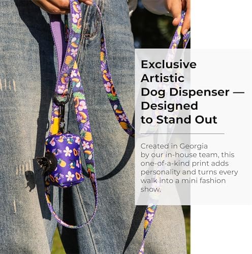 KIKI & RIKI Premium Dog Poop Bag Holder, Waste Bag Dispenser with Leash Clip, Artist-Designed Print (Designed in Georgia), Includes 1 Starter Roll of Bags, Fits Standard Rolls, Purple (Tropical Vibes)